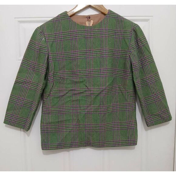Handmade vintage womens small houndstooth wool plaid green purple shirt top - Picture 1 of 7